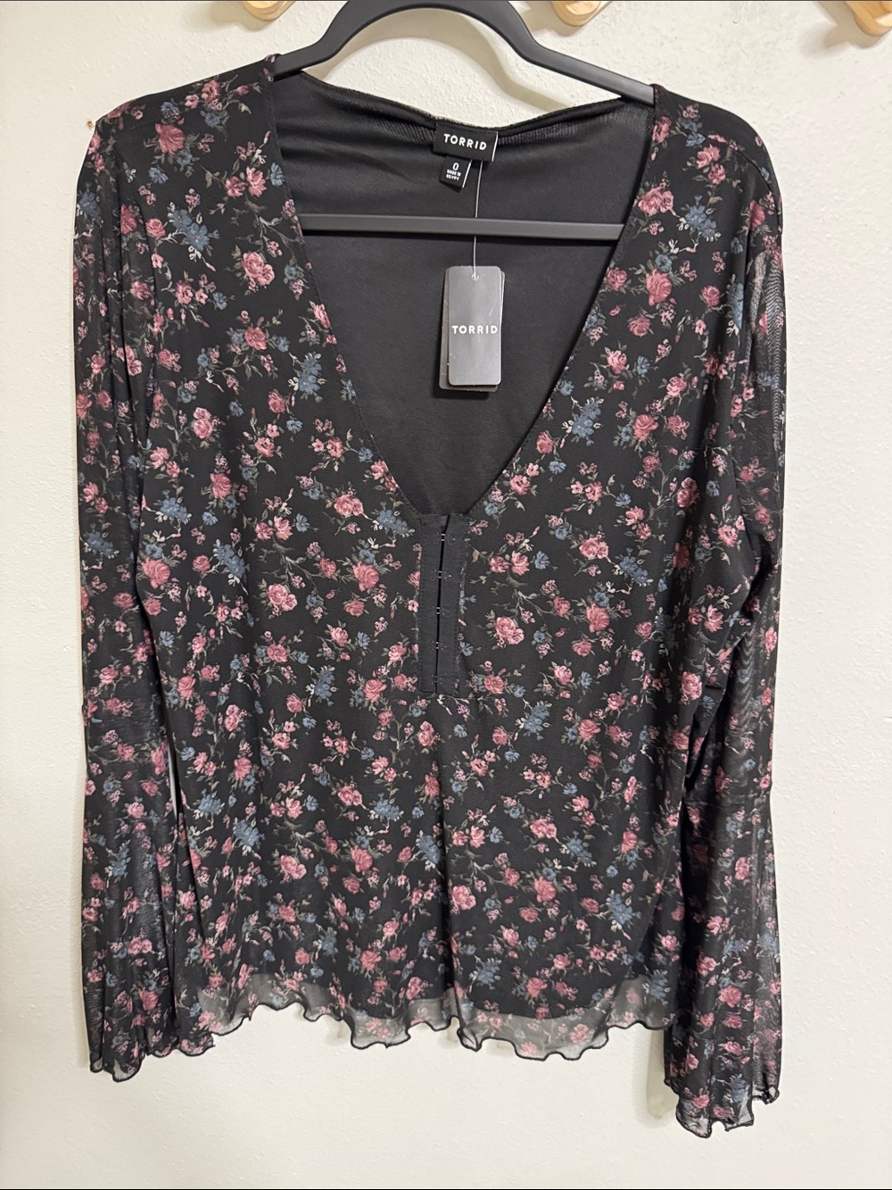 torrid Black Floral V-Neck Long Sleeve Mesh Top with Pink & Blue Flowers